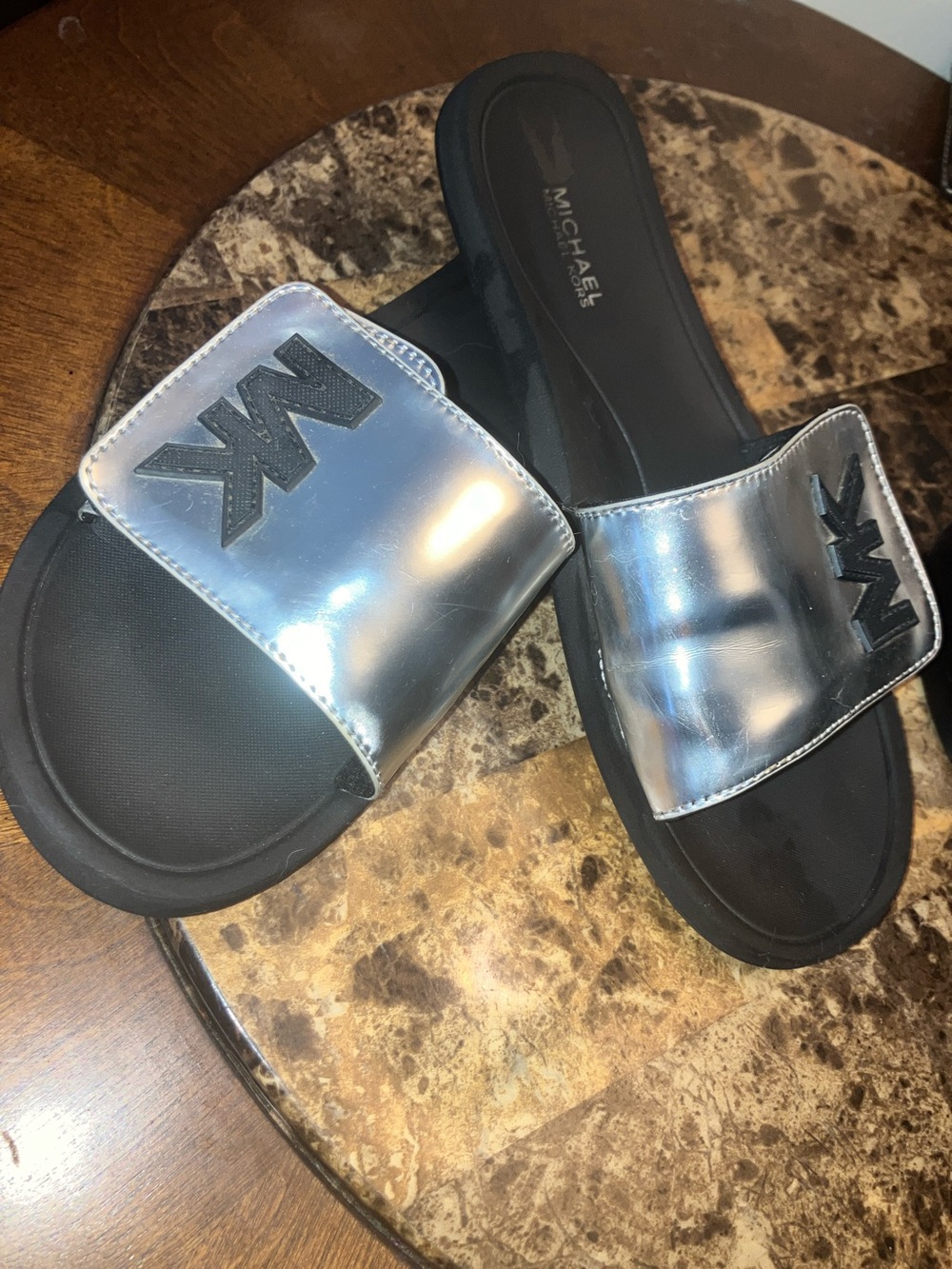 Michael Kors Metallic Silver Slide Sandals with Black MK Logo